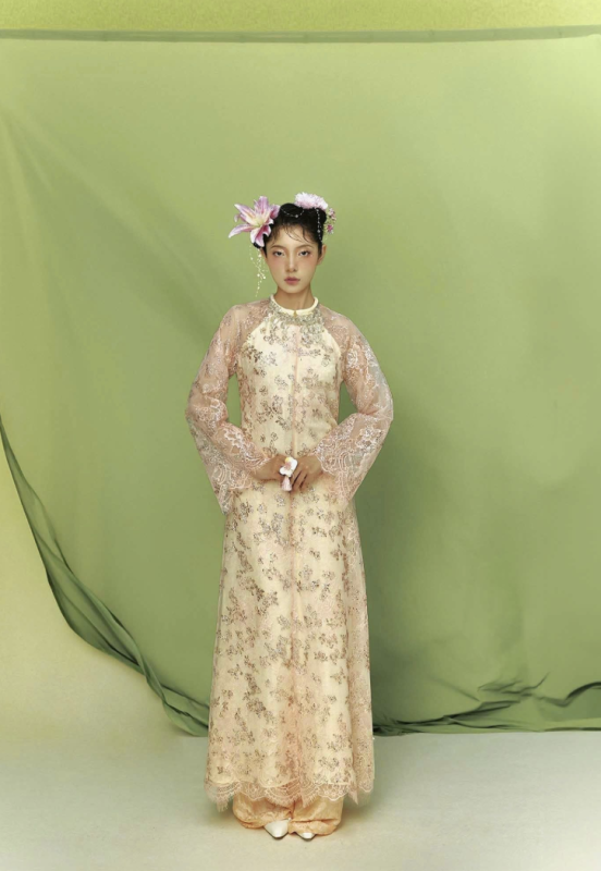 Traditional dress with floral accessories.
